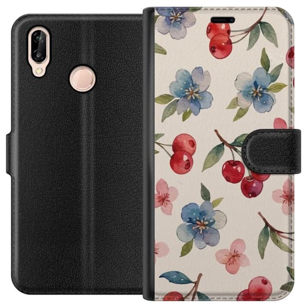 Huawei P20 lite Lompakkokotelo Marjat & Kukat - kuvio, jossa on sinisiä kukkia ja metsänmarjoja