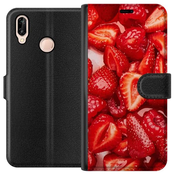 Huawei P20 lite Tegnebogsetui Jordbærmønster - sødt motiv med sommerstemning