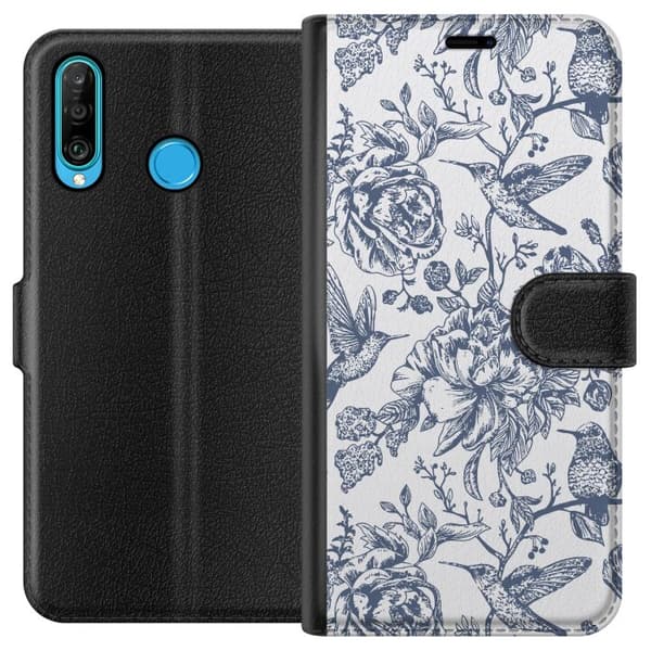 Huawei P30 lite Lommeboketui Blomster & Fugler - Romantiskt Vintage-stil Mønster