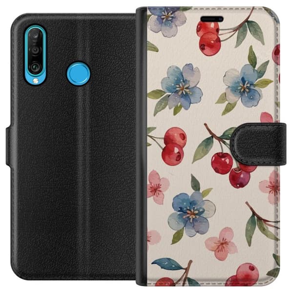 Huawei P30 lite Lommeboketui Bær & Blomster - mønster med blå blomster og skogsbær