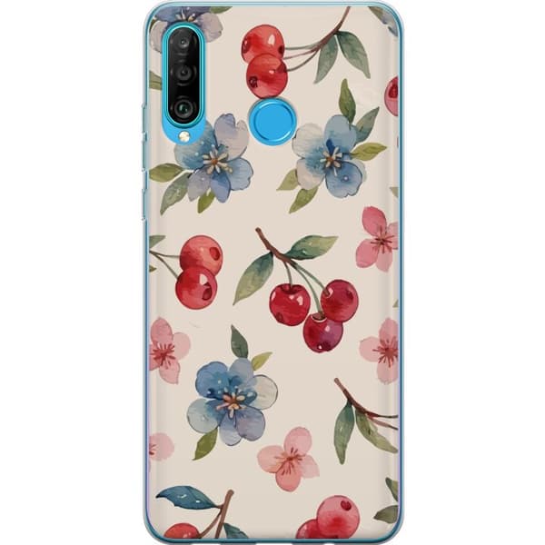 Huawei P30 lite Genomskinligt Skal Bär & Blommor – mönster med blå blommor och skogsbär