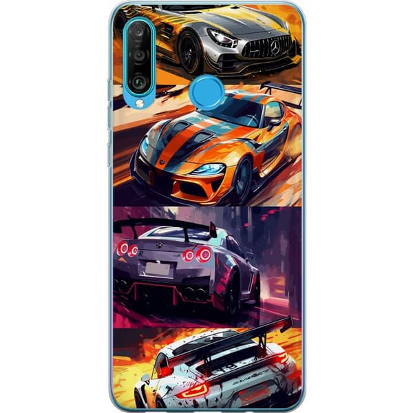 Huawei P30 lite Gennemsigtig cover Rallyfeber - fartfyldt motiv med rallybiler