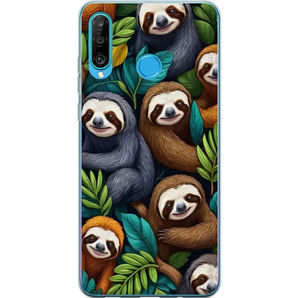 Huawei P30 lite Gennemsigtig cover Sengångarstil - afslappet motiv med sød dovendyr