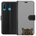 Miniatyrbillede 1 af 3: Huawei P30 lite Tegnebogsetui Grå Katteblik - stilfuld kat design med grå baggrund