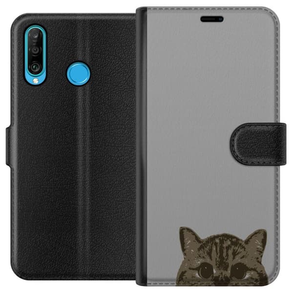 Huawei P30 lite Tegnebogsetui Grå Katteblik - stilfuld kat design med grå baggrund