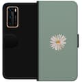 Miniatyrbild 1 av 3: Huawei P40 Plånboksfodral Grön Minimalblomma – stilren blomma på grön bakgrund