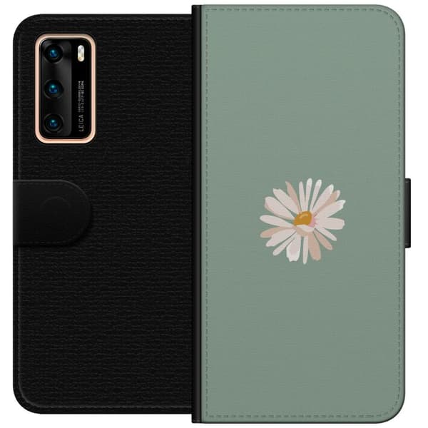 Huawei P40 Plånboksfodral Grön Minimalblomma – stilren blomma på grön bakgrund