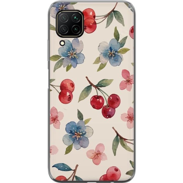 Huawei P40 lite Gennemsigtig cover Bær & Blomster - mønster med blå blomster og skovbær