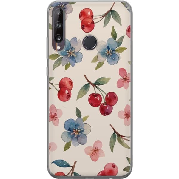 Huawei P40 lite E Genomskinligt Skal Bär & Blommor – mönster med blå blommor och skogsbär