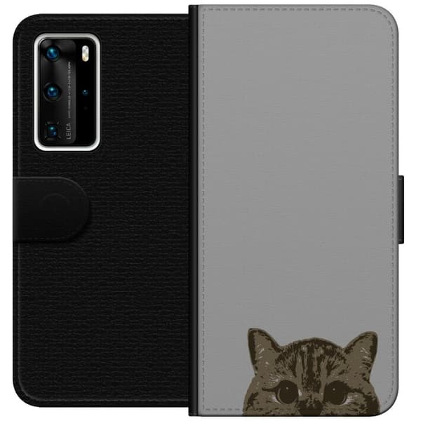 Huawei P40 Pro Plånboksfodral Grå Kattblick – stilren kattdesign med grå bakgrund