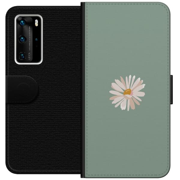 Huawei P40 Pro Plånboksfodral Grön Minimalblomma – stilren blomma på grön bakgrund