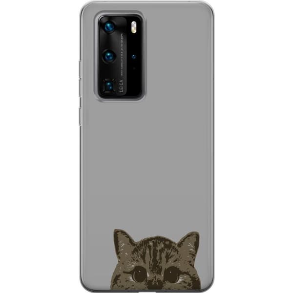 Huawei P40 Pro Genomskinligt Skal Grå Kattblick – stilren kattdesign med grå bakgrund