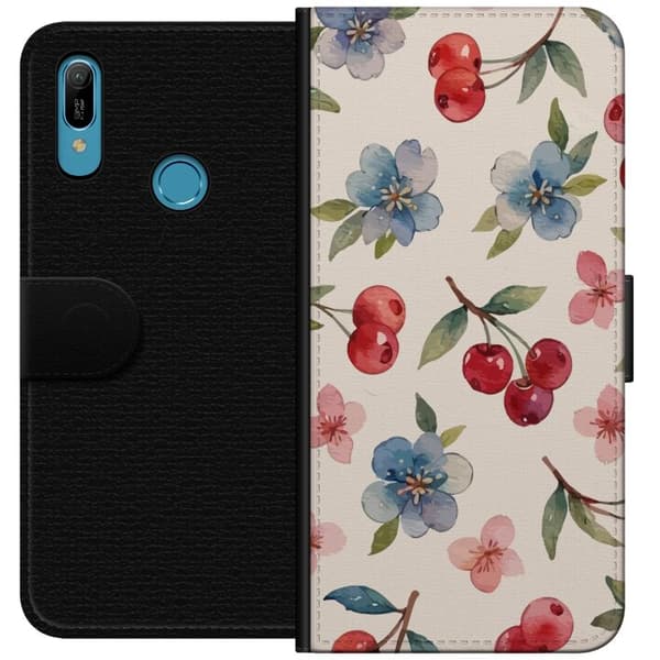 Huawei Y6 (2019) Lommeboketui Bær & Blomster - mønster med blå blomster og skogsbær