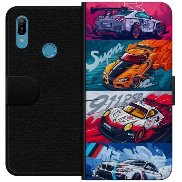 Huawei Y6 (2019) Lompakkokotelo Nopeat Autot - Piirretty Kuvio Toiminnalla
