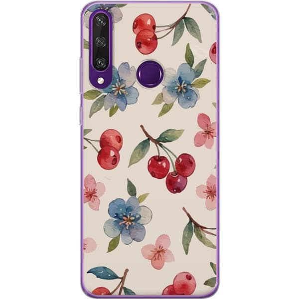 Huawei Y6p Gjennomsiktig deksel Bær & Blomster - mønster med blå blomster og skogsbær