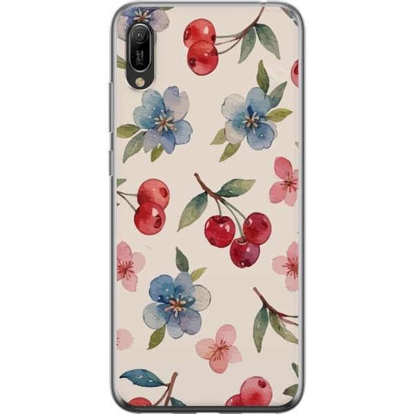 Huawei Y6 Pro (2019) Läpinäkyvä kuori Marjat & Kukat - kuvio, jossa on sinisiä kukkia ja metsänmarjoja