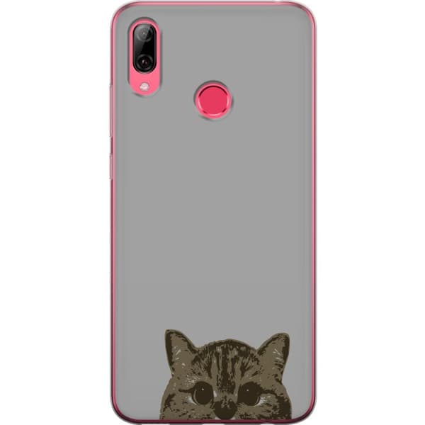 Huawei Y7 (2019) Genomskinligt Skal Grå Kattblick – stilren kattdesign med grå bakgrund