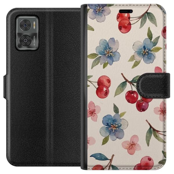 Motorola Moto E22i Lommeboketui Bær & Blomster - mønster med blå blomster og skogsbær
