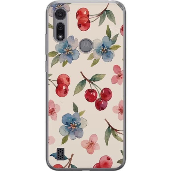 Motorola Moto E6i Gennemsigtig cover Bær & Blomster - mønster med blå blomster og skovbær