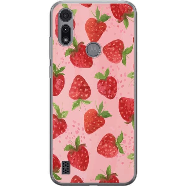 Motorola Moto E6i Genomskinligt Skal Strawberry Dreams – jordgubbsmönster i retrostil
