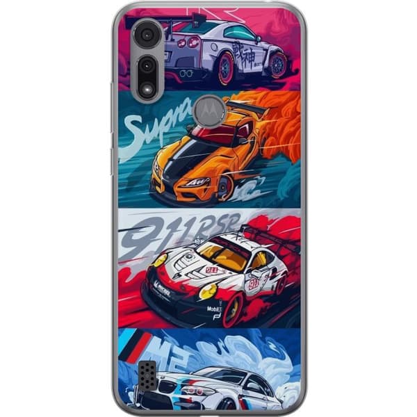 Motorola Moto E6i Genomskinligt Skal Fartfyllda Bilar – tecknat mönster med action