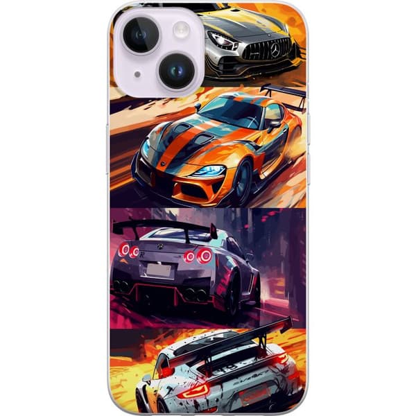 Apple iPhone 14 Plus Gennemsigtig cover Rallyfeber - fartfyldt motiv med rallybiler
