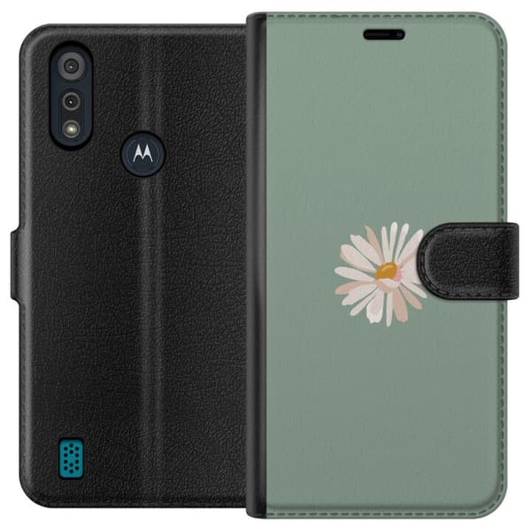 Motorola Moto E6i Tegnebogsetui Grøn Minimalblomst - stilfuld blomst på grøn baggrund