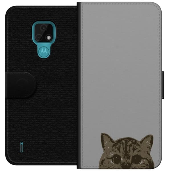 Motorola Moto E7 Lommeboketui Grå Kattblikk - stilren katte design med grå bakgrunn