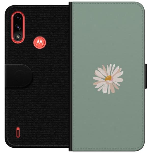 Motorola Moto E7 Power Plånboksfodral Grön Minimalblomma – stilren blomma på grön bakgrund