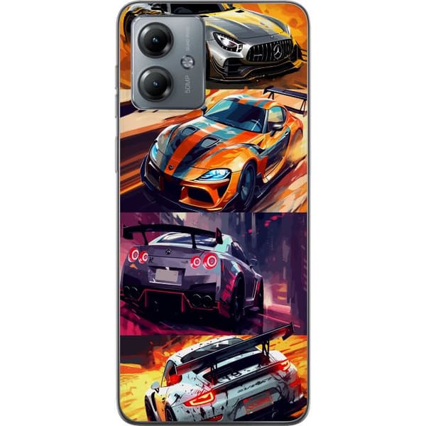Motorola Moto G14 Gennemsigtig cover Rallyfeber - fartfyldt motiv med rallybiler