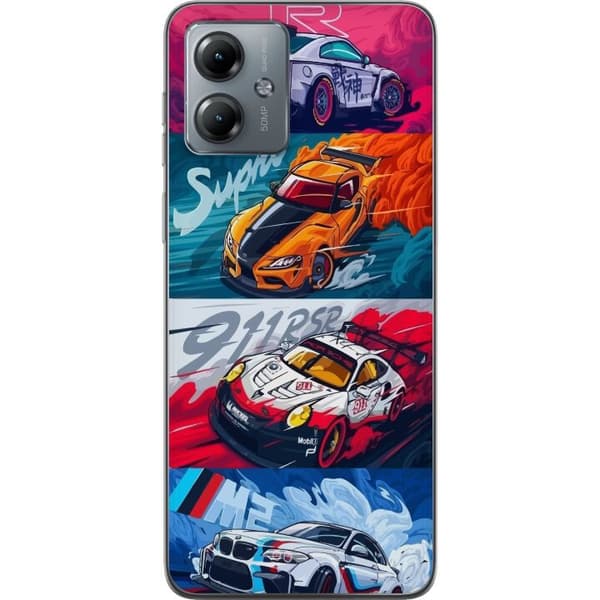 Motorola Moto G14 Gennemsigtig cover Hurtige Biler - Tegnet Mønster med Action