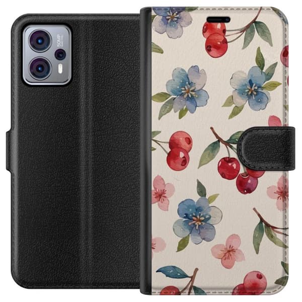 Motorola Moto G23 Plånboksfodral Bär & Blommor – mönster med blå blommor och skogsbär