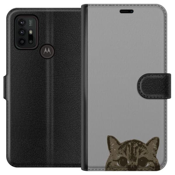 Motorola Moto G30 Lompakkokotelo Harmaa kissan katse - tyylikäs kissa suunnittelu harmaalla taustalla