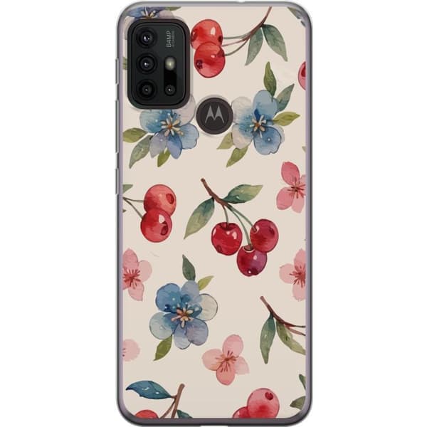 Motorola Moto G30 Läpinäkyvä kuori Marjat & Kukat - kuvio, jossa on sinisiä kukkia ja metsänmarjoja