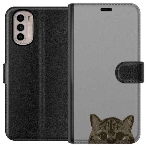 Motorola Moto G41 Plånboksfodral Grå Kattblick – stilren kattdesign med grå bakgrund