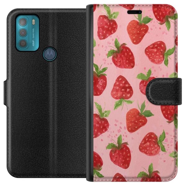Motorola Moto G50 Plånboksfodral Strawberry Dreams – jordgubbsmönster i retrostil