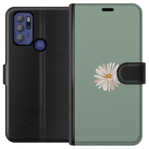 Motorola Moto G60S Plånboksfodral Grön Minimalblomma – stilren blomma på grön bakgrund