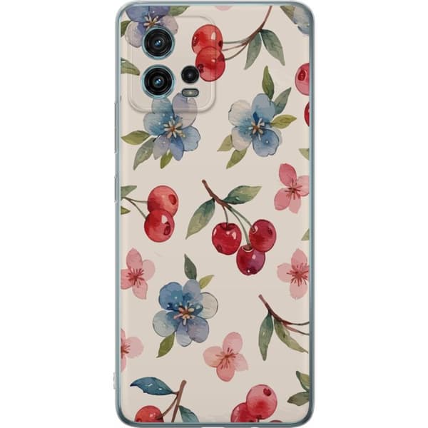 Motorola Moto G72 Gennemsigtig cover Bær & Blomster - mønster med blå blomster og skovbær