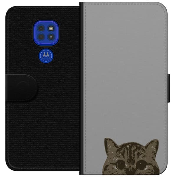 Motorola Moto G9 Play Plånboksfodral Grå Kattblick – stilren kattdesign med grå bakgrund