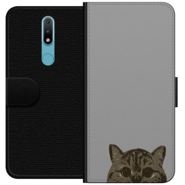 Nokia 2.4 Plånboksfodral Grå Kattblick – stilren kattdesign med grå bakgrund