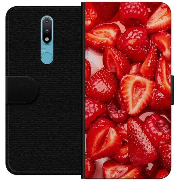 Nokia 2.4 Lompakkokotelo Mansikkakuviointi - makea motiivi kesäfiiliksellä