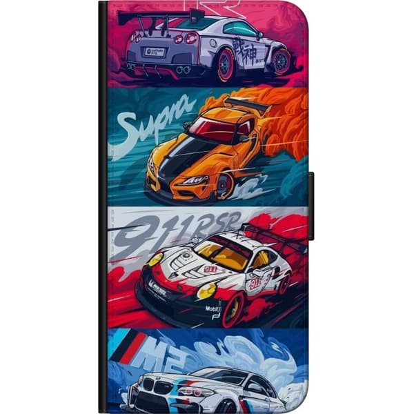 Nokia 2.4 Lompakkokotelo Nopeat Autot - Piirretty Kuvio Toiminnalla