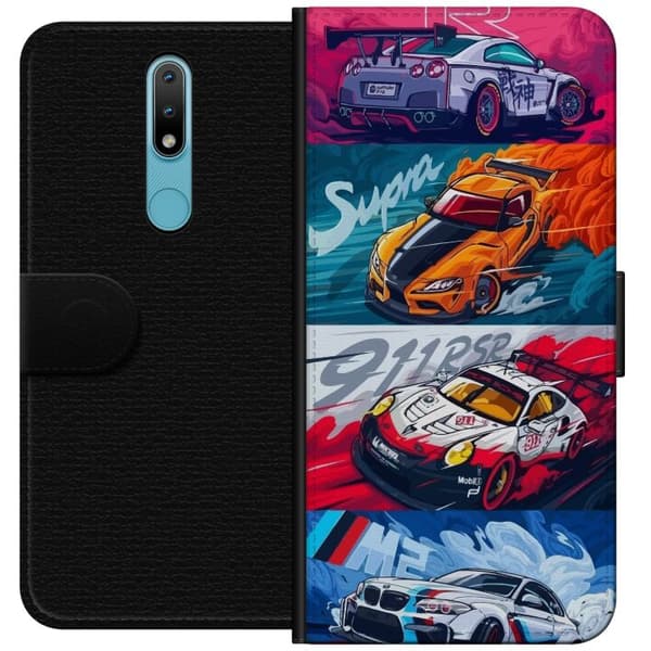 Nokia 2.4 Lompakkokotelo Nopeat Autot - Piirretty Kuvio Toiminnalla