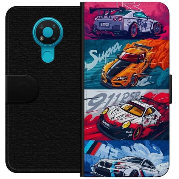 Nokia 3.4 Lompakkokotelo Nopeat Autot - Piirretty Kuvio Toiminnalla