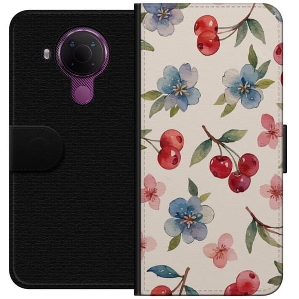 Nokia 5.4 Lompakkokotelo Marjat & Kukat - kuvio, jossa on sinisiä kukkia ja metsänmarjoja