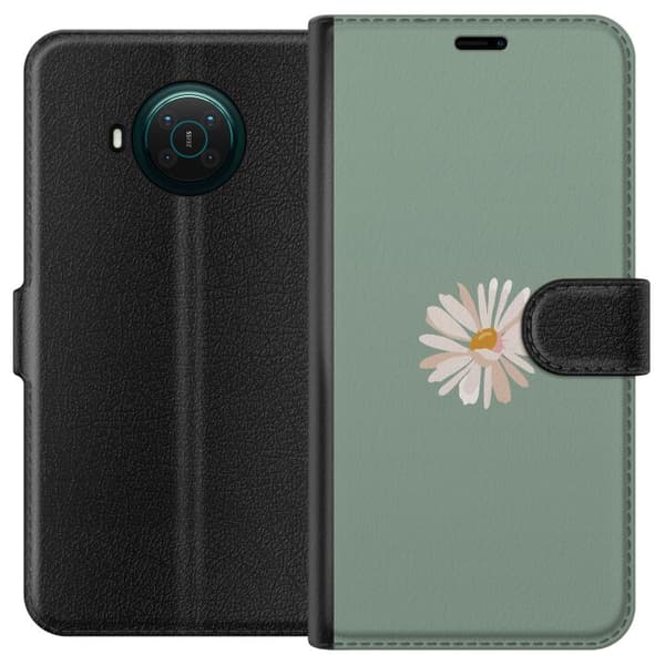 Nokia X10 Plånboksfodral Grön Minimalblomma – stilren blomma på grön bakgrund