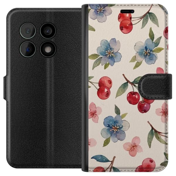 OnePlus 10 Pro Lommeboketui Bær & Blomster - mønster med blå blomster og skogsbær