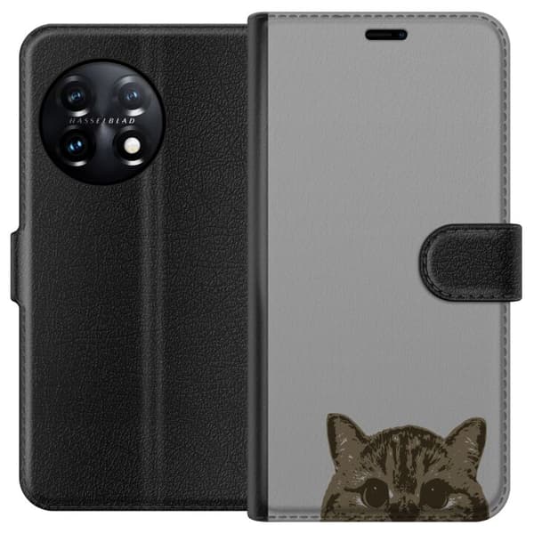 OnePlus 11 Lompakkokotelo Harmaa kissan katse - tyylikäs kissa suunnittelu harmaalla taustalla