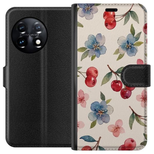 OnePlus 11 Lommeboketui Bær & Blomster - mønster med blå blomster og skogsbær