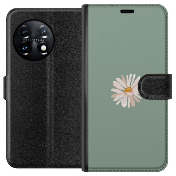 OnePlus 11 Plånboksfodral Grön Minimalblomma – stilren blomma på grön bakgrund